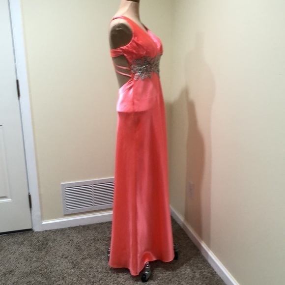 Samila Formal Column Dress Size 4 Neon Coral Silver Beaded Strappy Caged Back - Picture 4 of 9